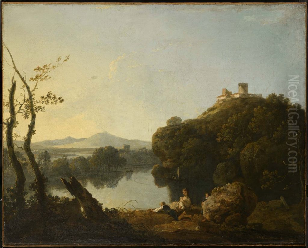 River Landscape with a Boy Fishing (On the Arno) Oil Painting by Richard Wilson