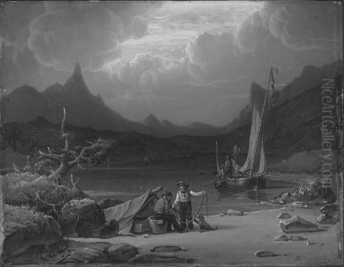 Shore and Figures Oil Painting by Robert Salmon