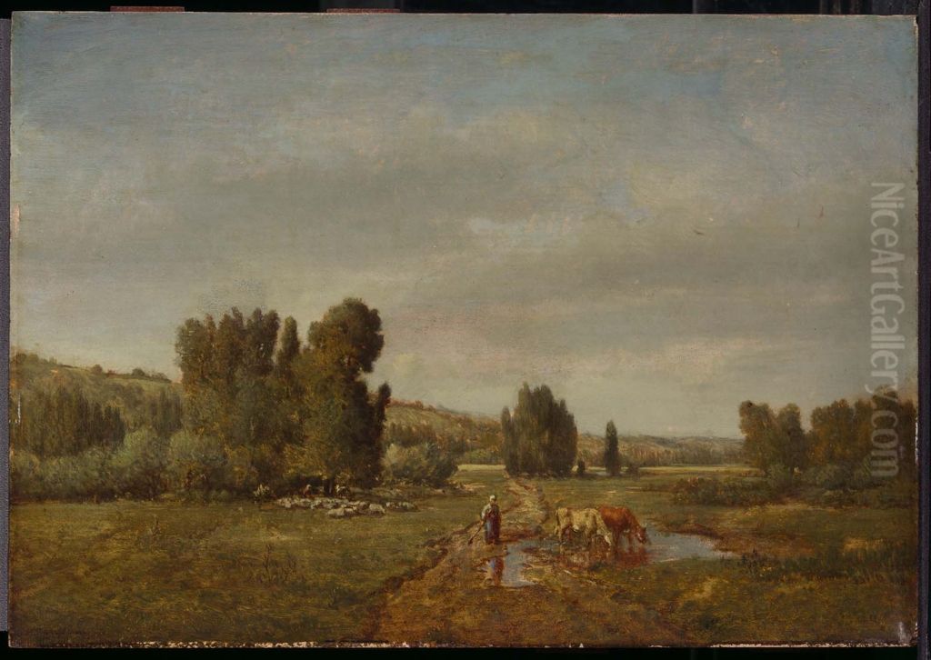 Landscape with a Peasant Watering her Cows Oil Painting by Theodore Rousseau