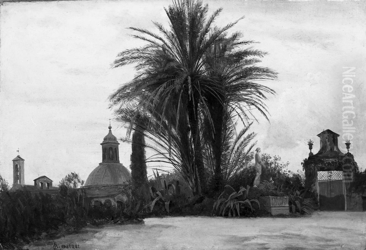 Palm Trees with a Domed Church Oil Painting by Albert Bierstadt