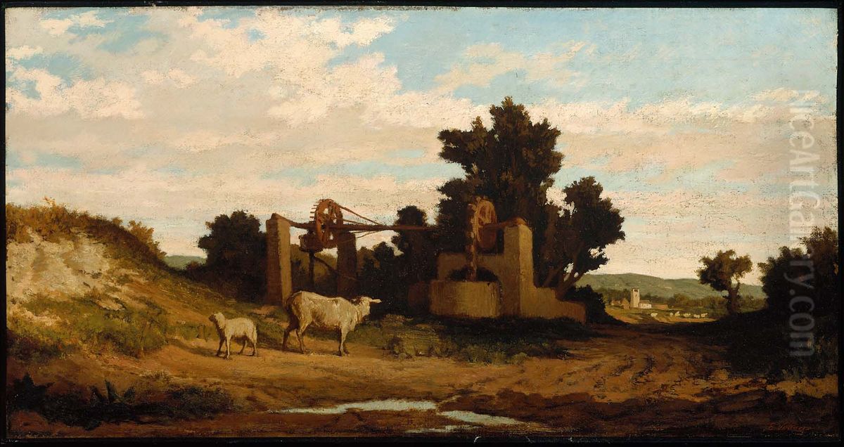 Landscape with Sheep and Old Well Oil Painting by Elihu Vedder