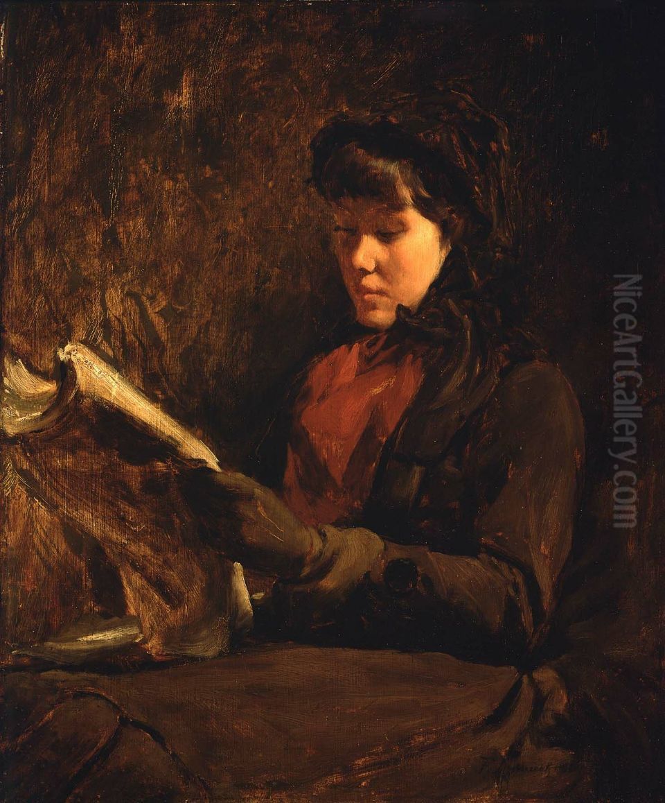 A Girl Reading Oil Painting by Frank Duveneck