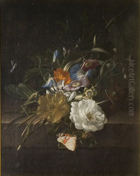Posy of flowers on a stone ledge, with a butterfly on a stem Oil Painting by Rachel Ruysch