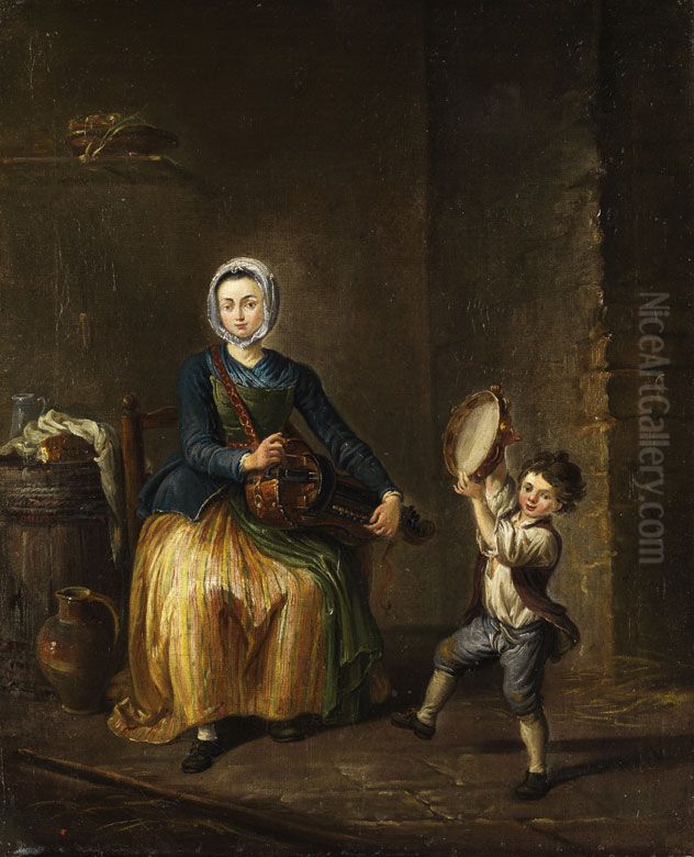 Young woman with a hurdy gurdy and a child with tambourine Oil Painting by Unidentified painter