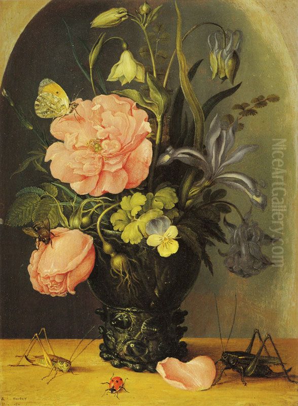 Flowers in a roemer before a niche Oil Painting by Roelant Savery