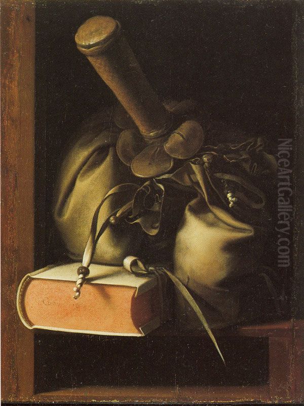 Money Bag and a Book on a Shelf Oil Painting by Gerrit Dou