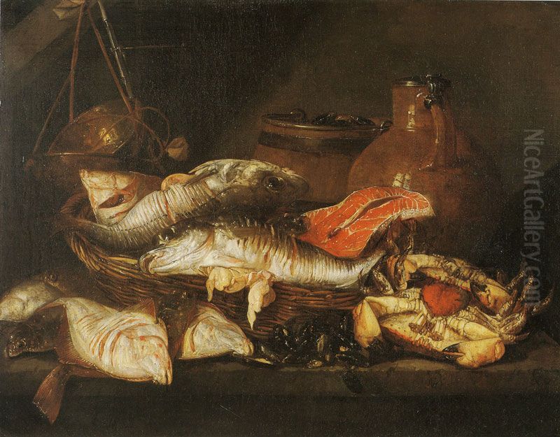 Fish in a Basket near a Scale Oil Painting by Abraham Van Beijeren