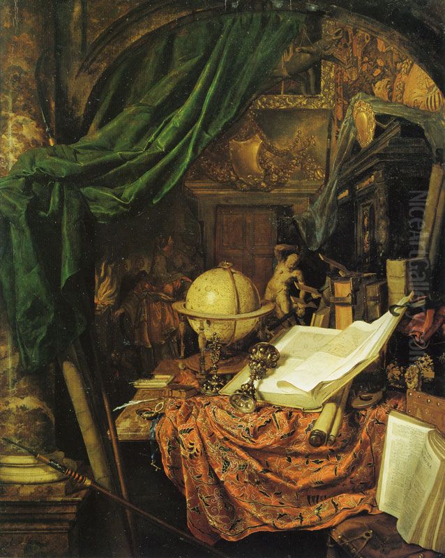 Still Life with Globe, Books, Sculpture, and Other Objects Oil Painting by Jan Van Der Heyden