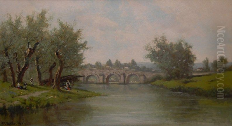 Figures in a French Landscape Oil Painting by Ransome Gillett Holdridge