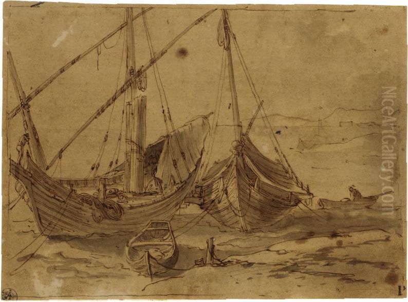 Two Small Sailing Boats And A Barge At Anchor, With A Man In A Rowing Boat To The Right Oil Painting by Abraham Casembroot