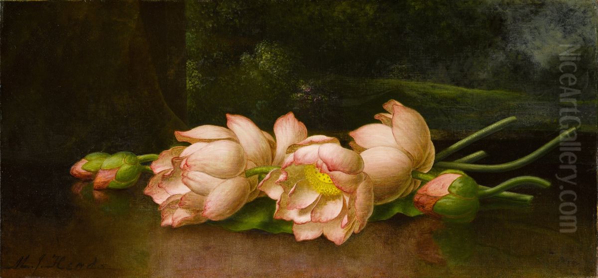 Lotus Flowers with a Landscape Painting in the Background Oil Painting by Martin Johnson Heade