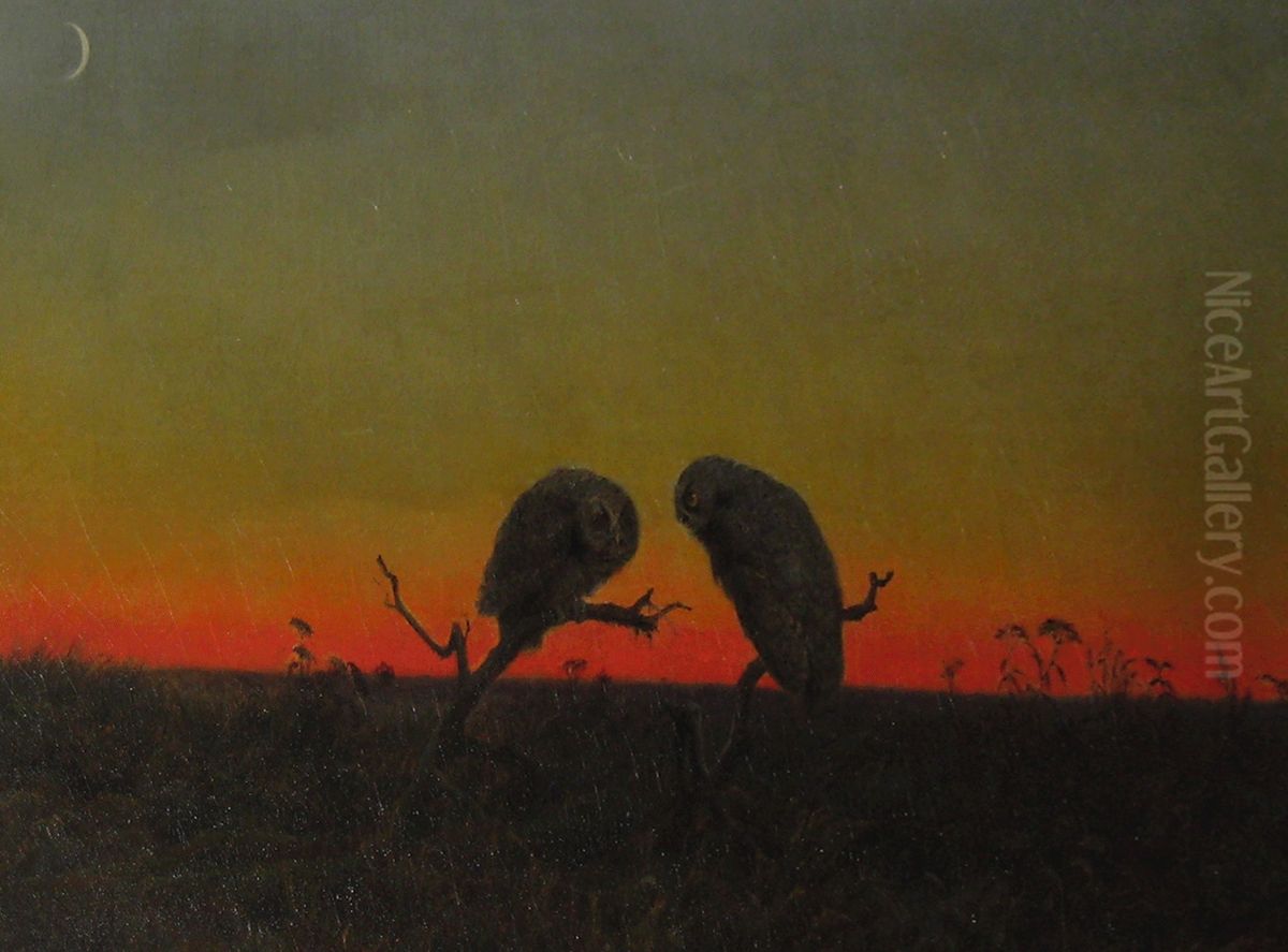 Two Owls at Sunset Oil Painting by Martin Johnson Heade