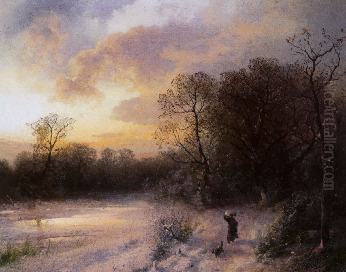 Daybreak on a snowy morning Oil Painting by Hermann Ottomar Herzog