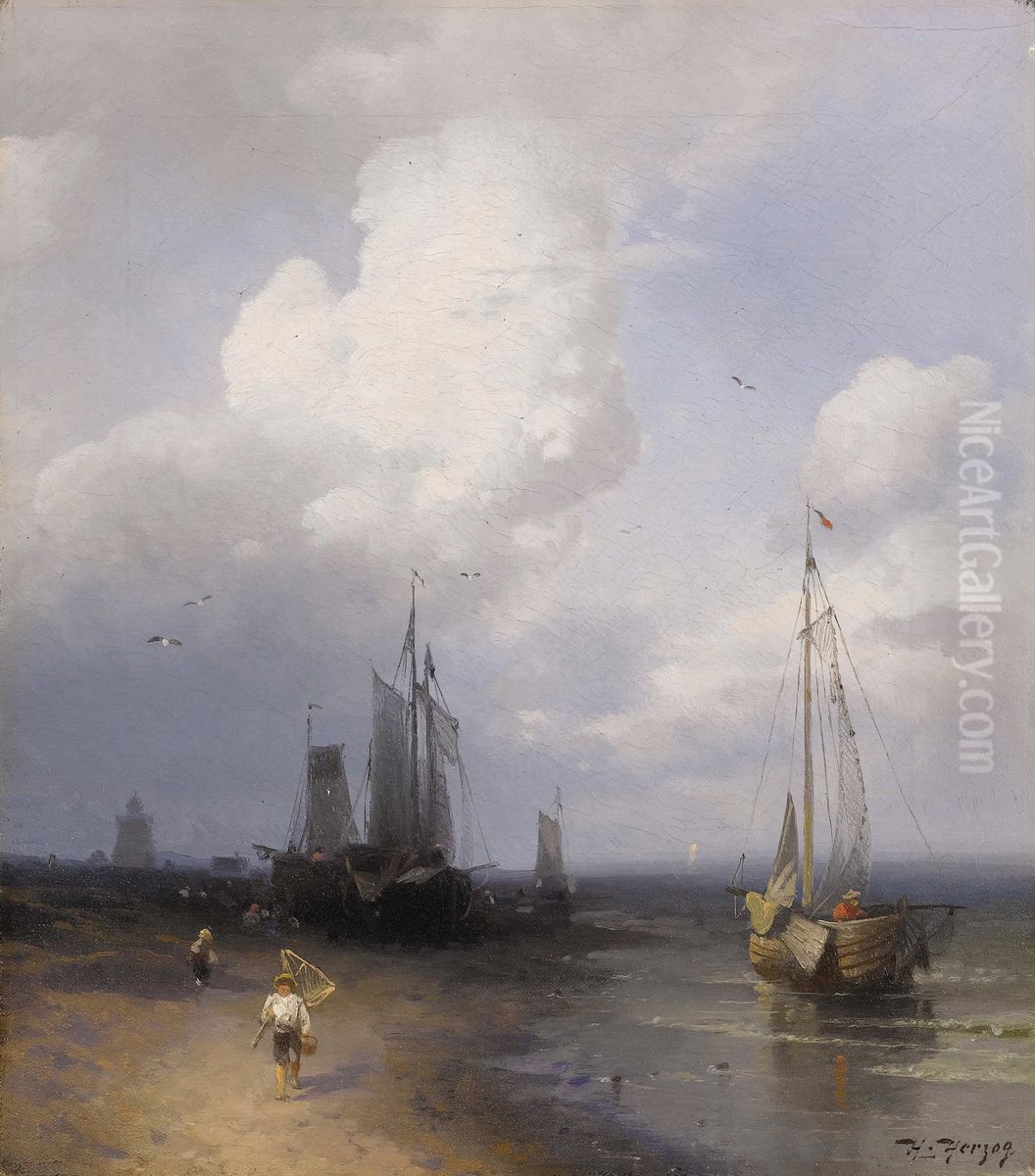 Dutch coastal scene Oil Painting by Hermann Ottomar Herzog