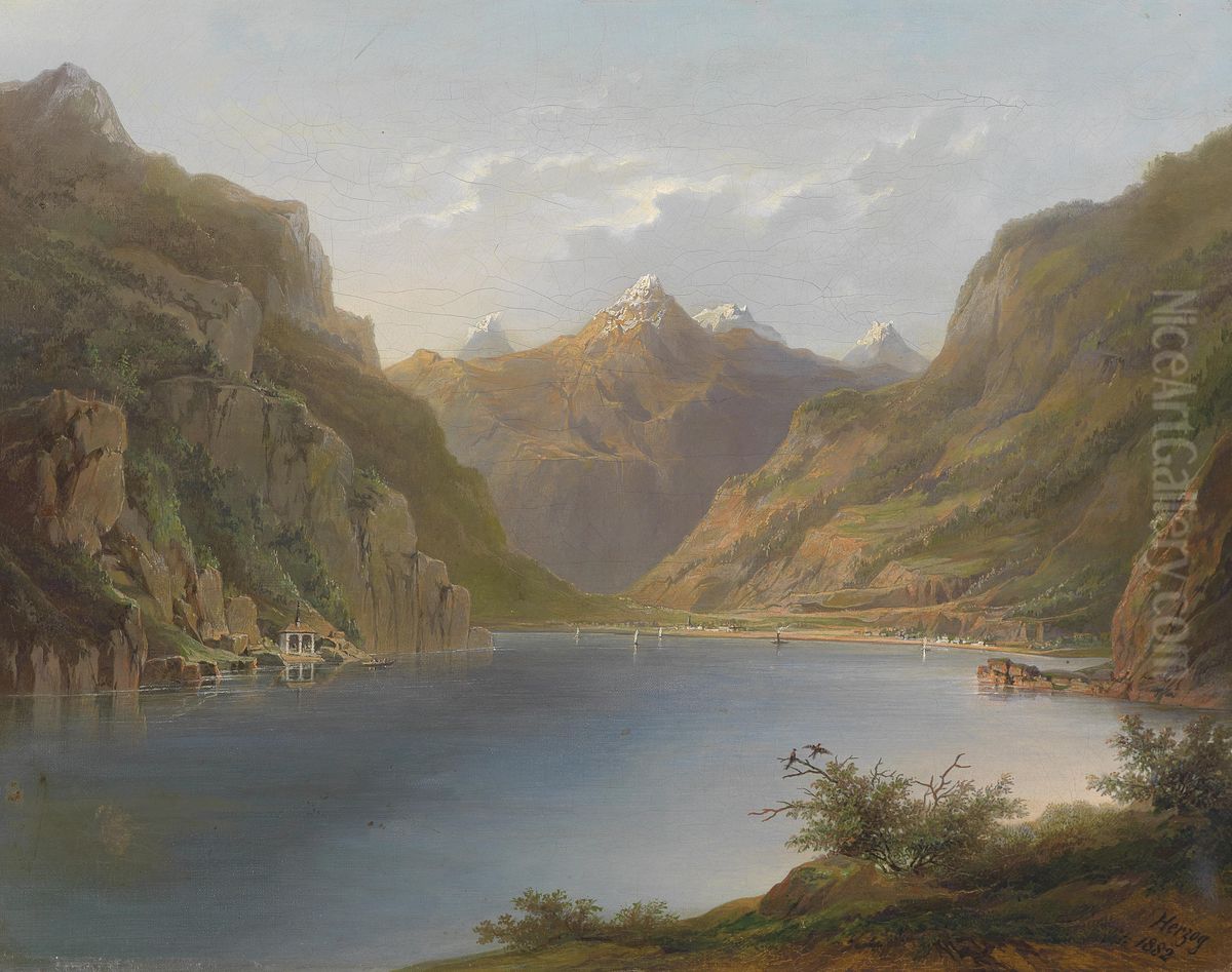 Vierwaldstattersee mit Blick auf die Tellkapelle Oil Painting by Hermann Ottomar Herzog