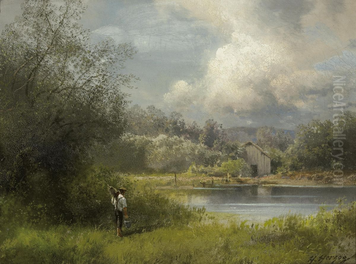 On the way to the fishing hole Oil Painting by Hermann Ottomar Herzog