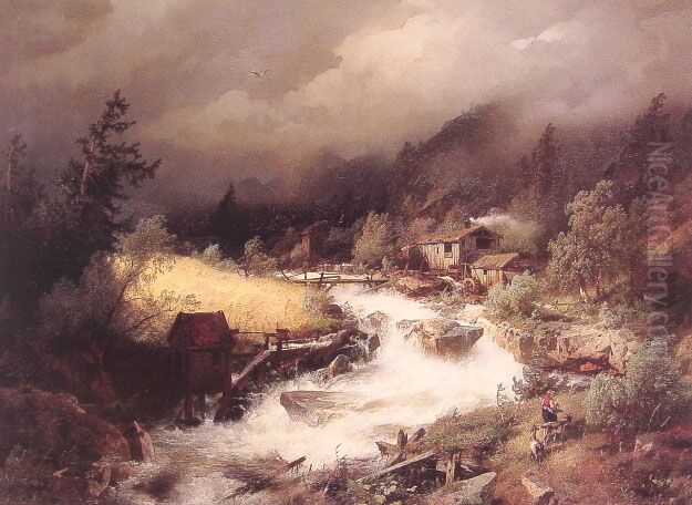 The Old Water Mill Oil Painting by Hermann Ottomar Herzog