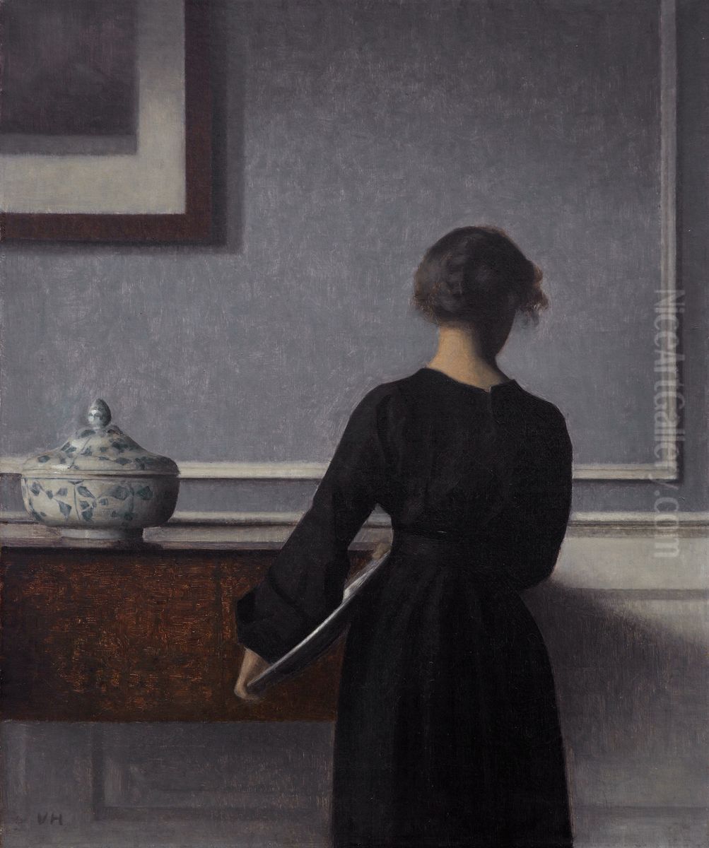 Interior with Young Woman from Behind[1]orYoung Woman from Behind.[2] Oil Painting by Vilhelm Hammershoi
