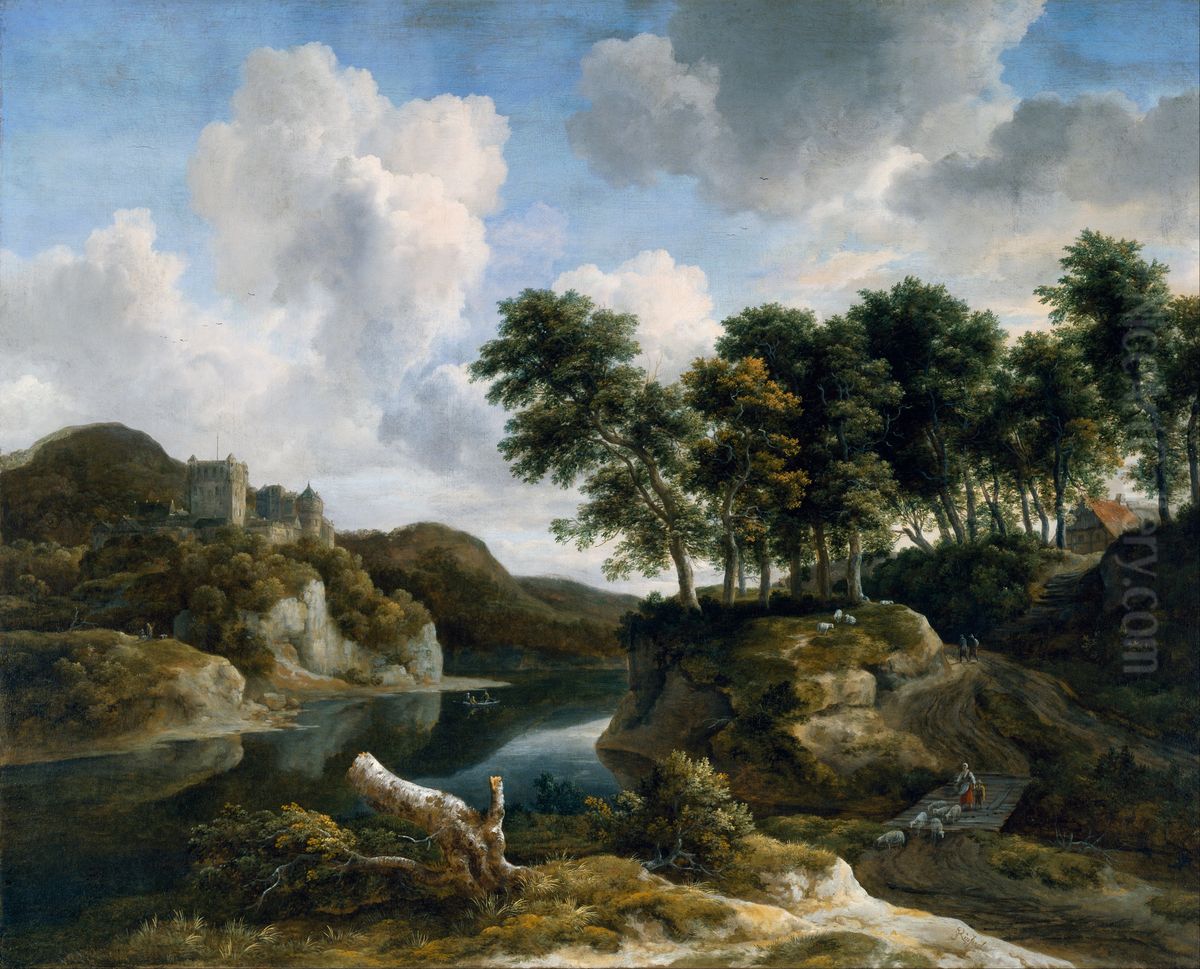 River Landscape with a Castle on a High Cliff Oil Painting by Jacob Van Ruisdael