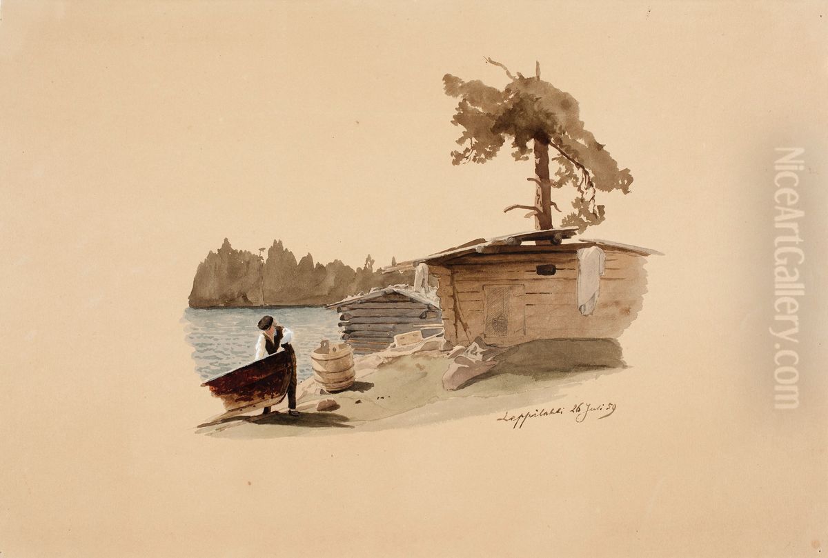 Rantamaisema, jossa venetta maihin vetava mies Oil Painting by Werner Holmberg