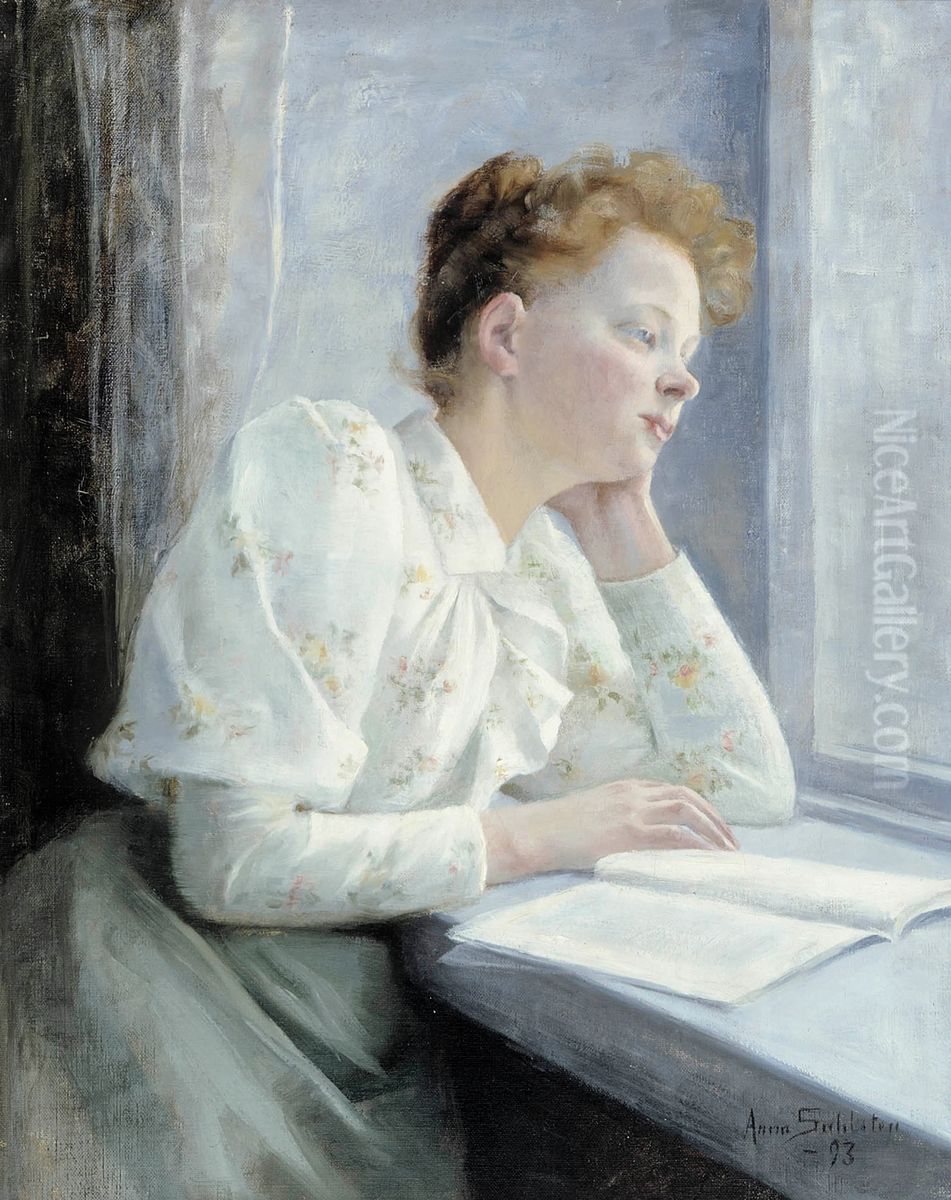 Nainen ikkunan aaressa Oil Painting by Anna Sahlsten