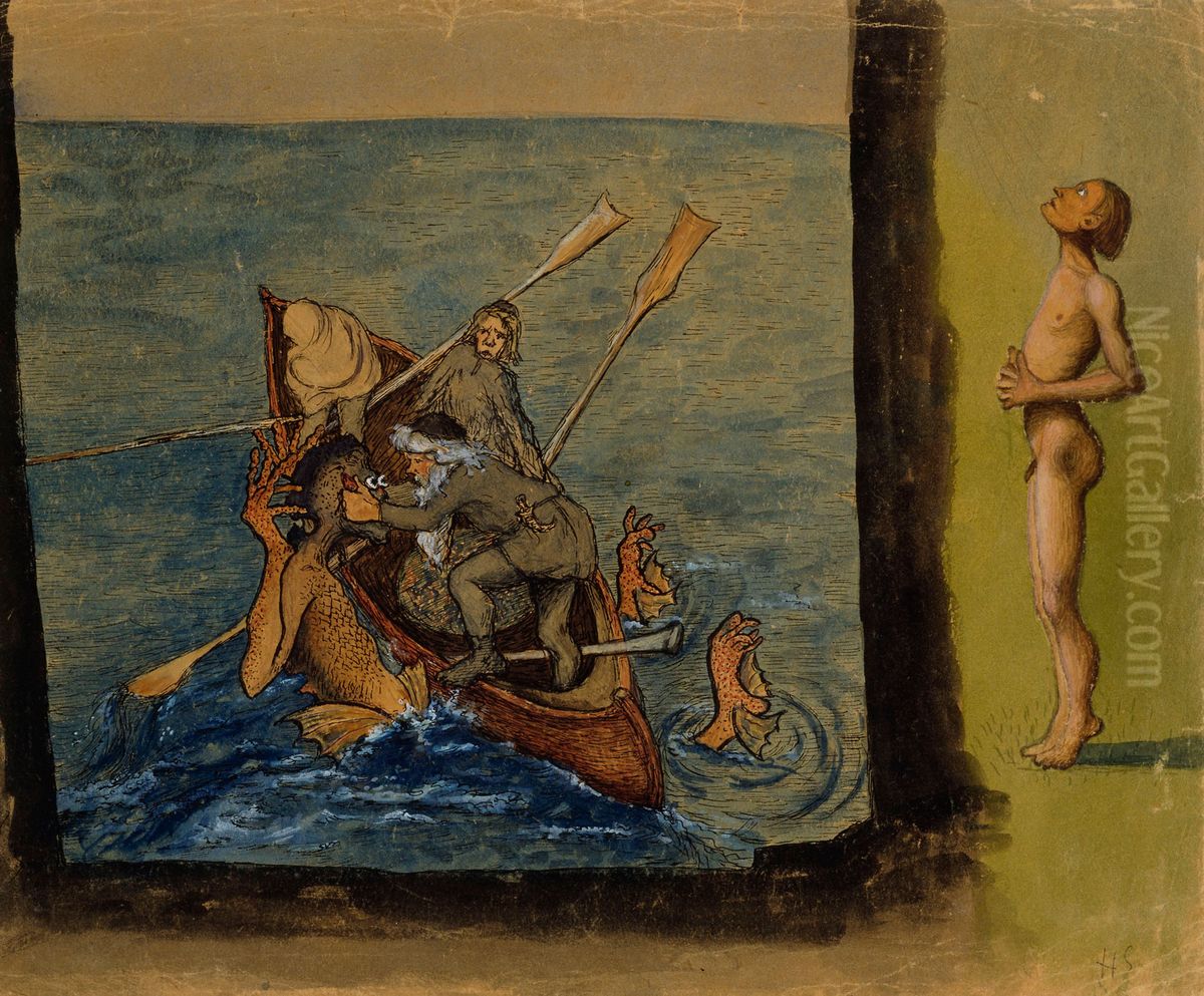 Vainamoinen and Ikiturso Oil Painting by Hugo Simberg