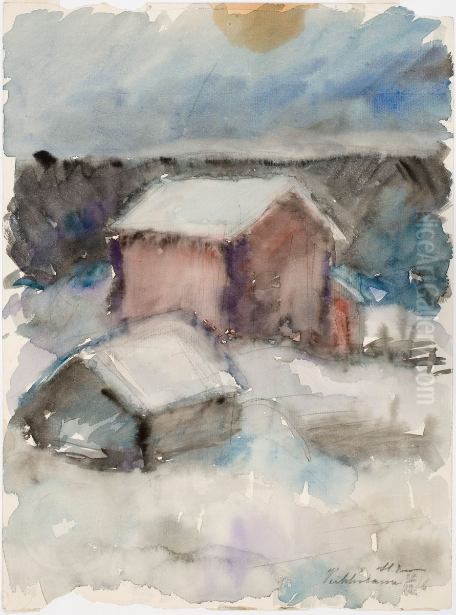 Talvikuva, rakennuksia lumessa Oil Painting by Henry Ericsson