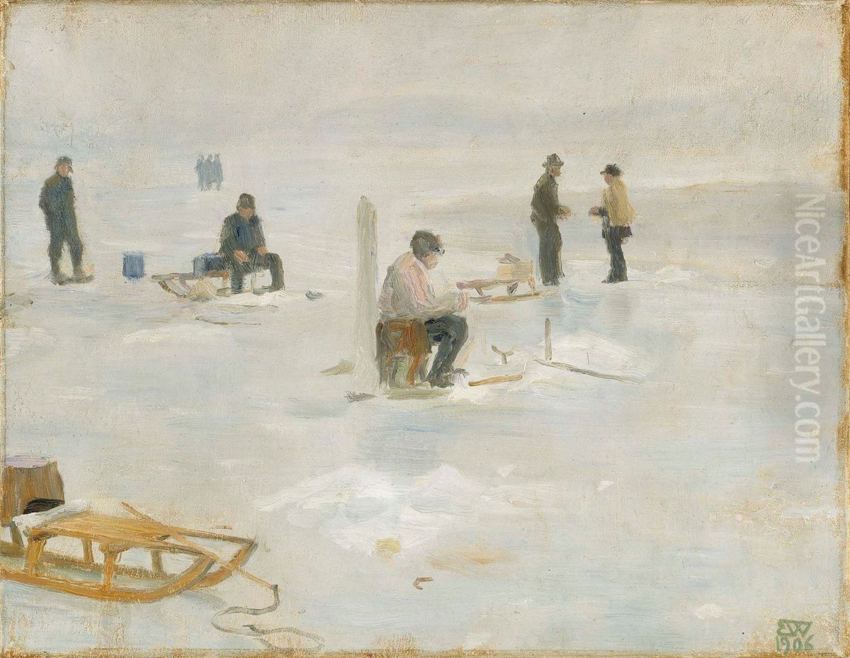 Vinterfiske Oil Painting by Erik Werenskiold
