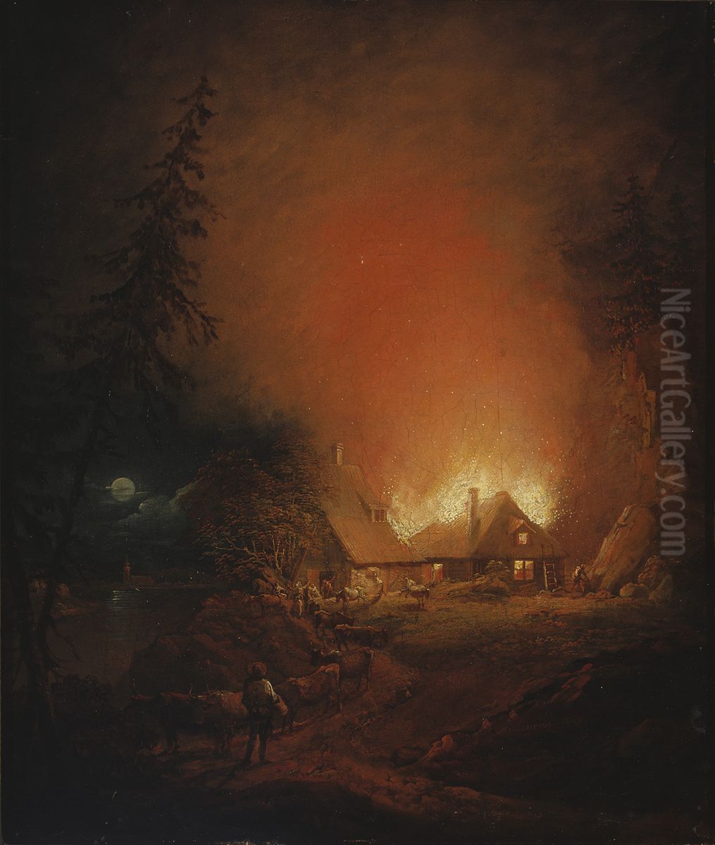 Fire at night in a farmhouse Oil Painting by Aleksander Laureus