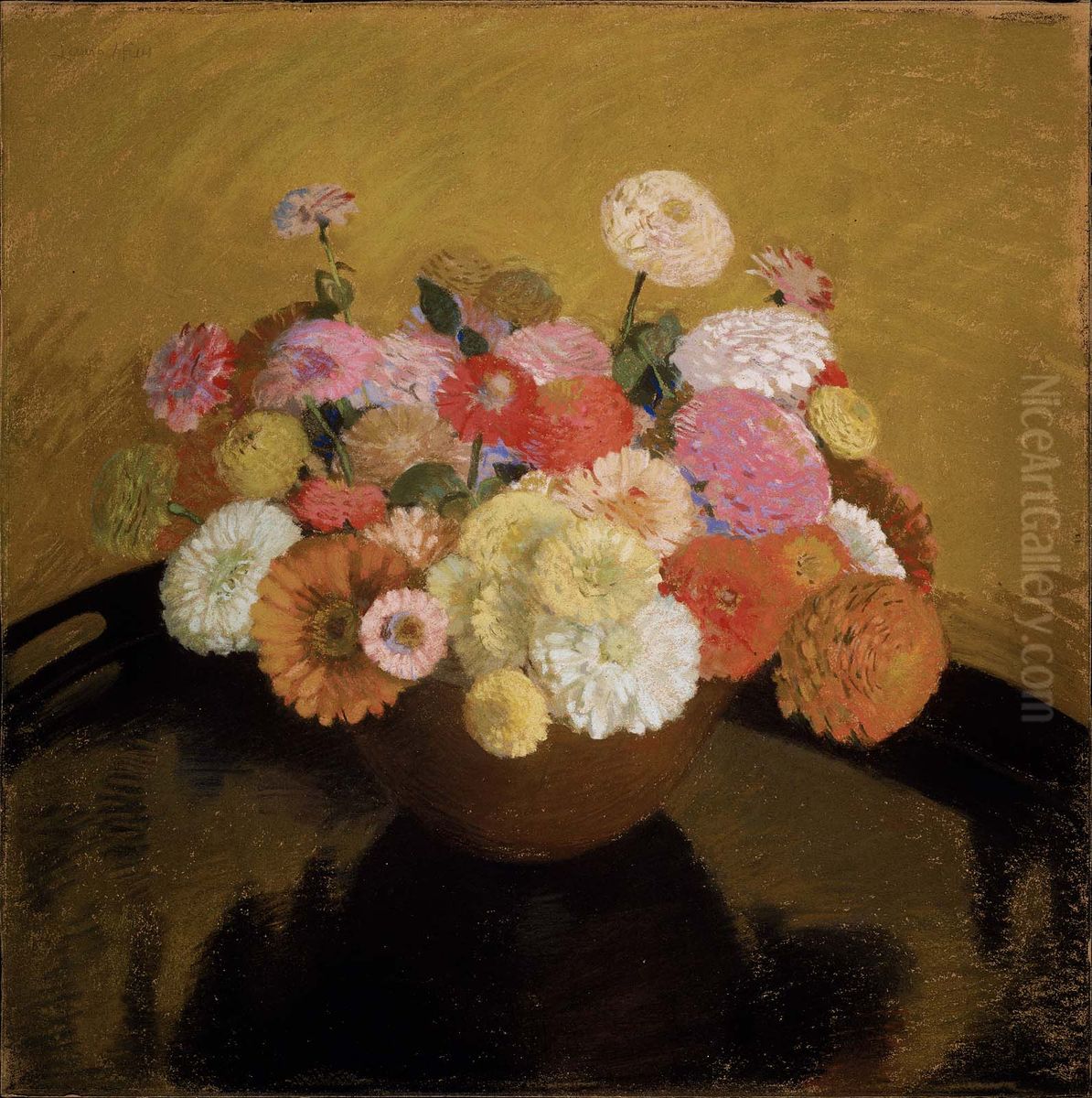 Bowl of Zinnias Oil Painting by Laura Coombs Hills