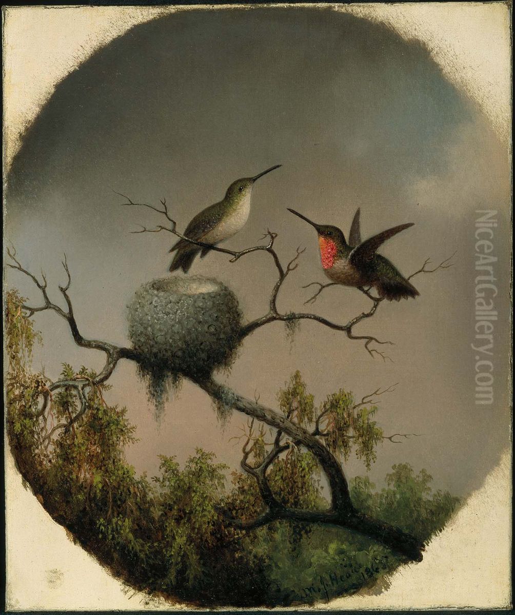 Hummingbirds with Nest Oil Painting by Martin Johnson Heade