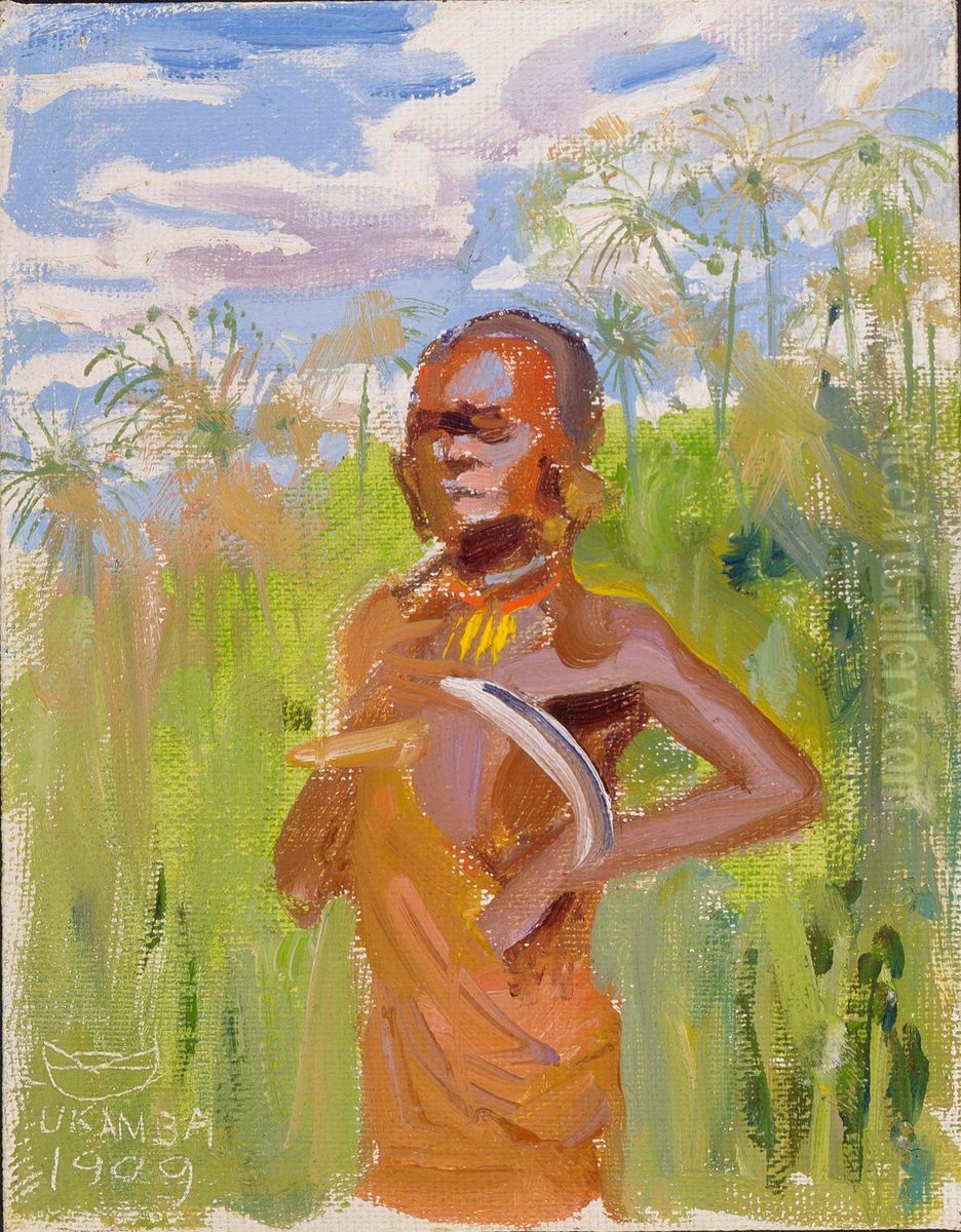 Kikuju framfor papyrustrasket Oil Painting by Akseli Valdemar Gallen-Kallela