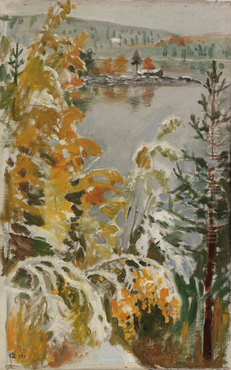 Hostlandskap, forsta snon Oil Painting by Akseli Valdemar Gallen-Kallela