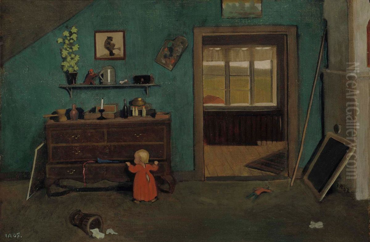 Little Girl in Front of an Open Chest of Drawers Oil Painting by Ivar Arosenius