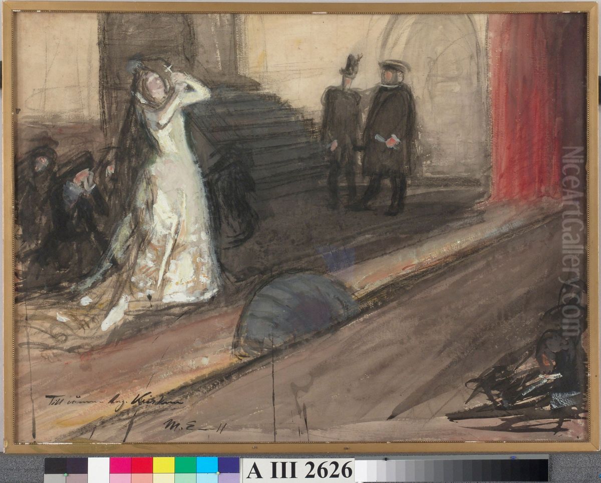 Theatre Scene (Ida Aalberg as Maria Stuart) Oil Painting by Magnus Enckell