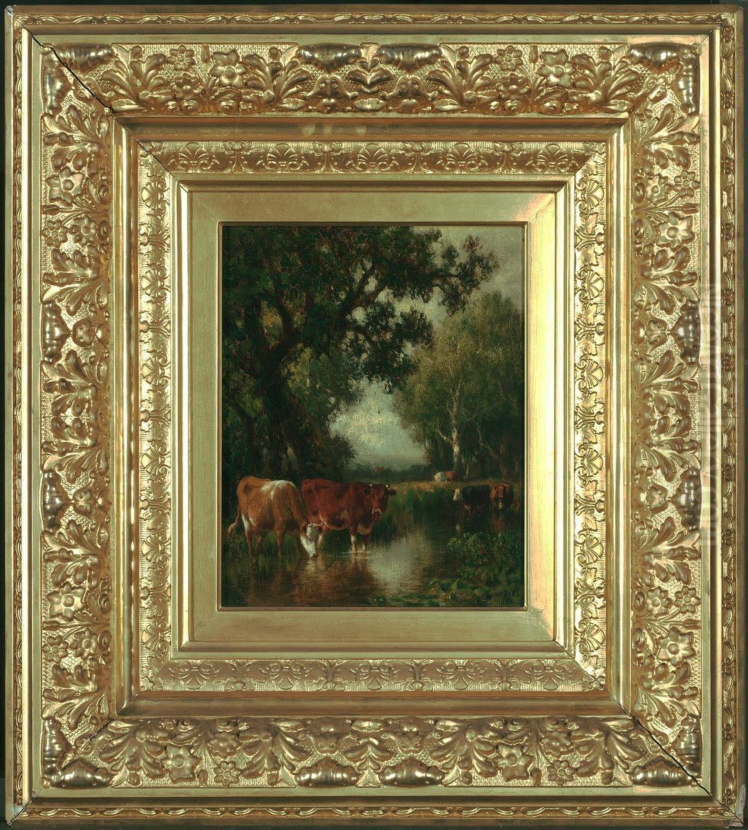 Cows Drinking at a Pool Oil Painting by William Hart