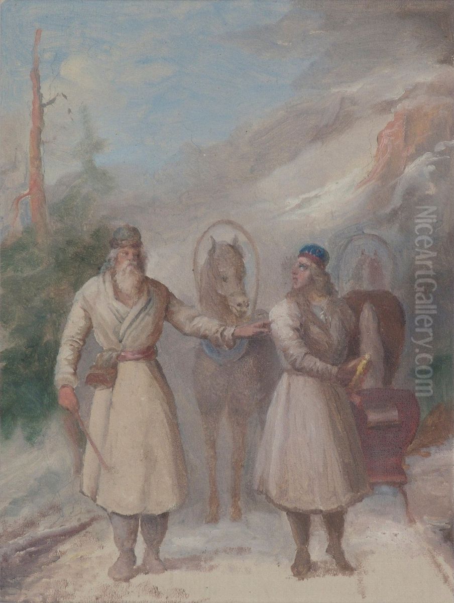 The Meeting of Vainamoinen and Joukahainen, sketch Oil Painting by Berndt Godenhjelm