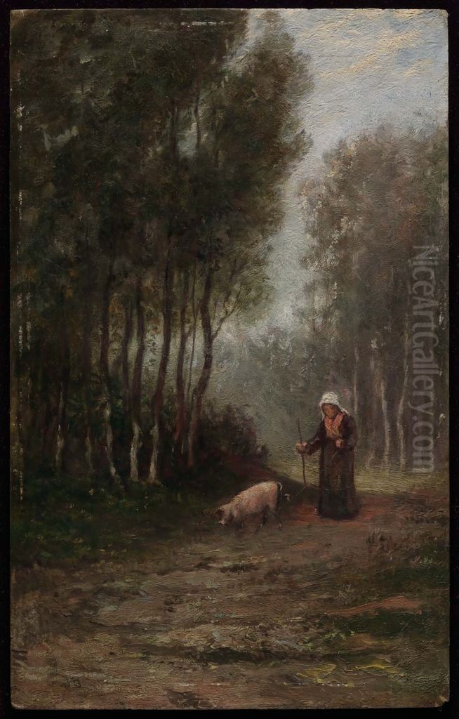French Peasant Woman with Pig Oil Painting by William Morris Hunt