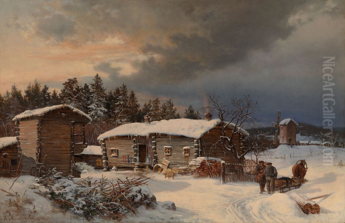 Winter Landscape with Farmhouse in Hame Oil Painting by Hjalmar Munsterhjelm