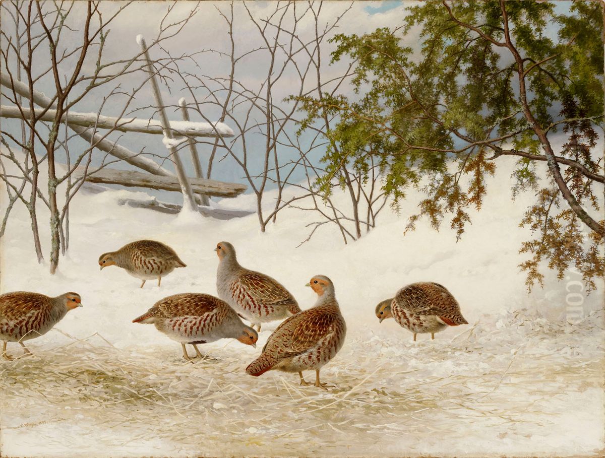 Partridges in Snow Oil Painting by Ferdinand von Wright
