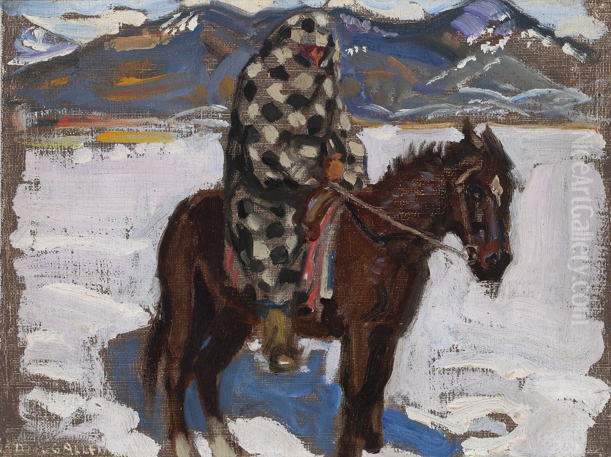 Intiaani ratsain lumessa Oil Painting by Akseli Valdemar Gallen-Kallela