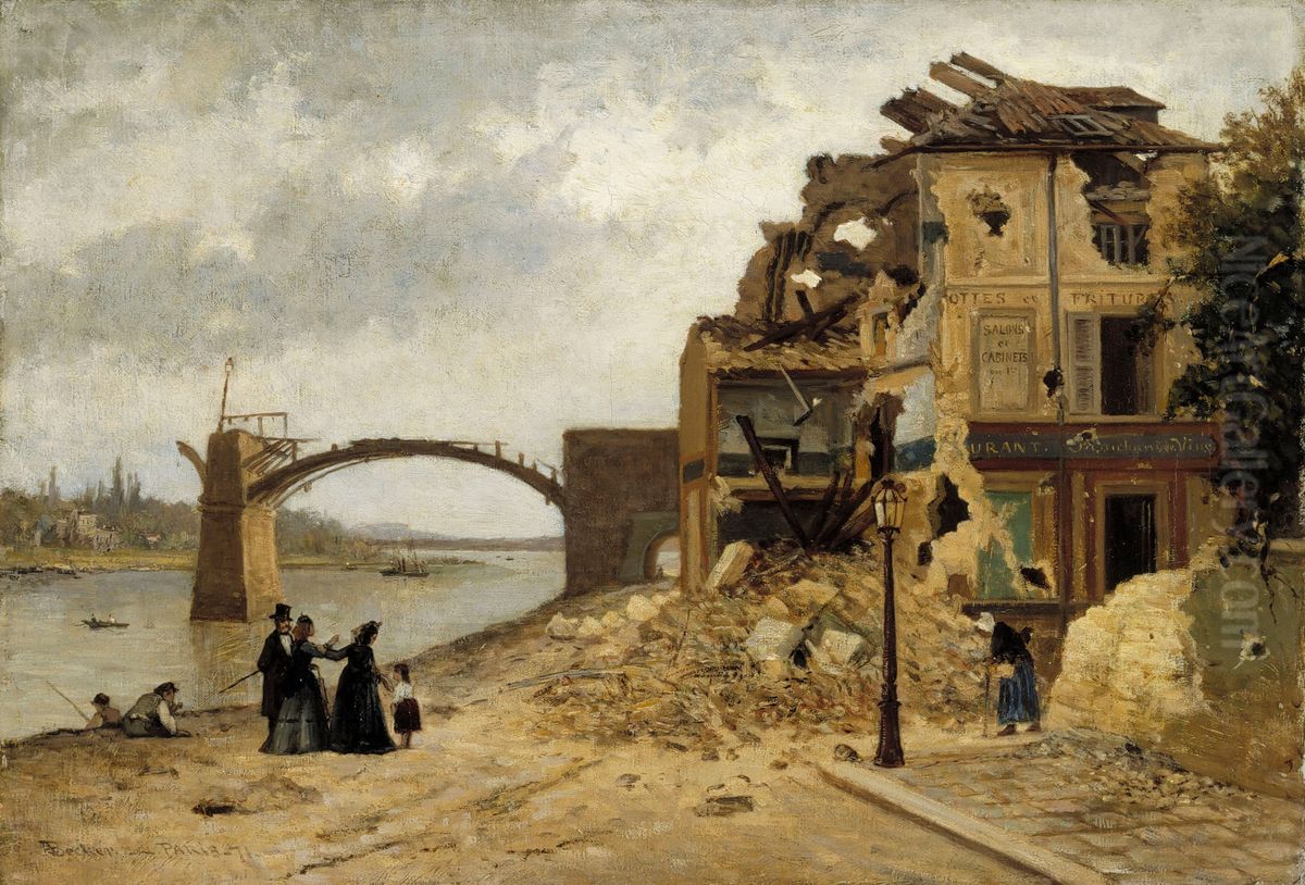The Bridge at Asnieres after the Siege of Paris in 1871 Oil Painting by Adolf von Becker