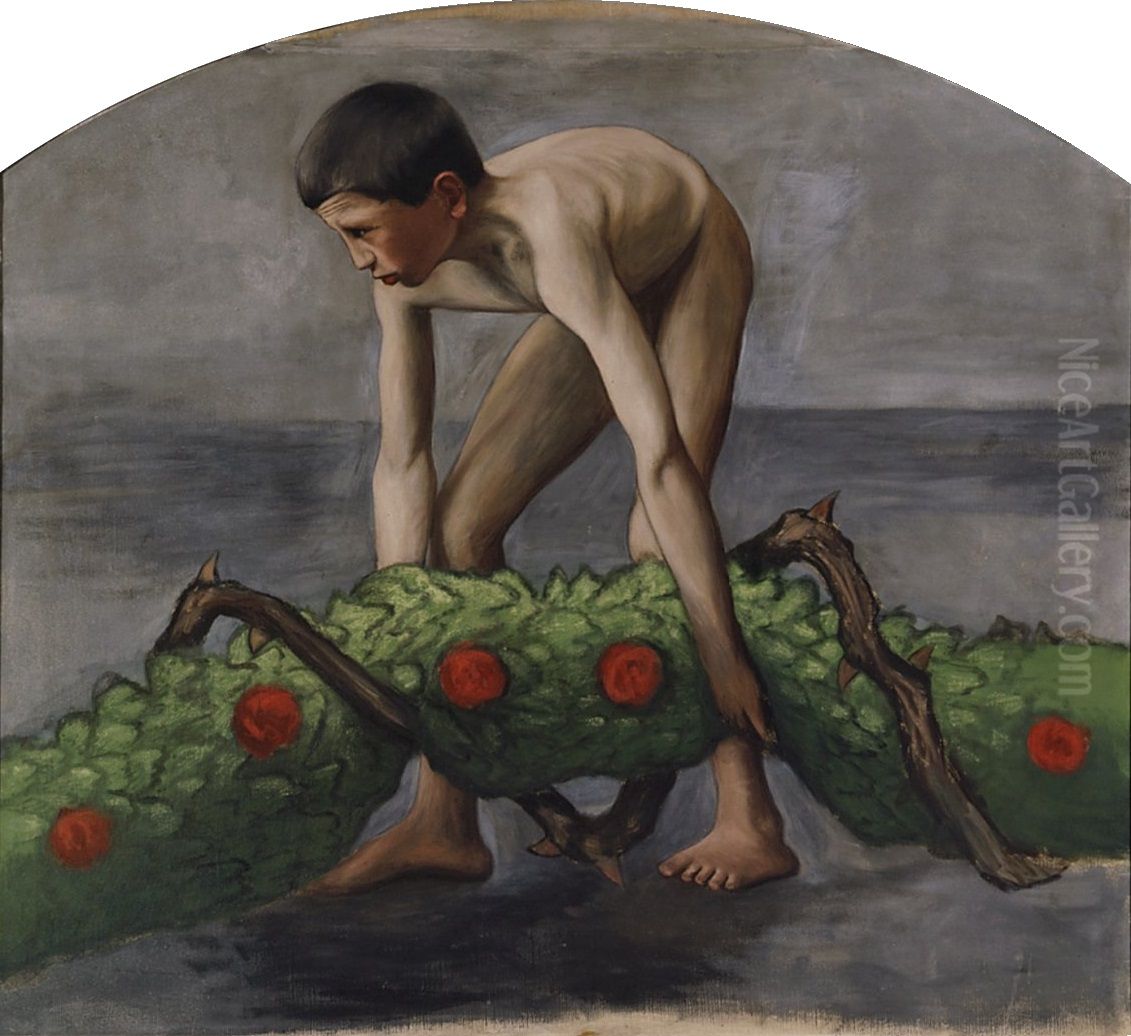 Kransbarare ; Gosse som bar livets krans, studie for vaggmalning i Tammerfors domkyrka Oil Painting by Hugo Simberg