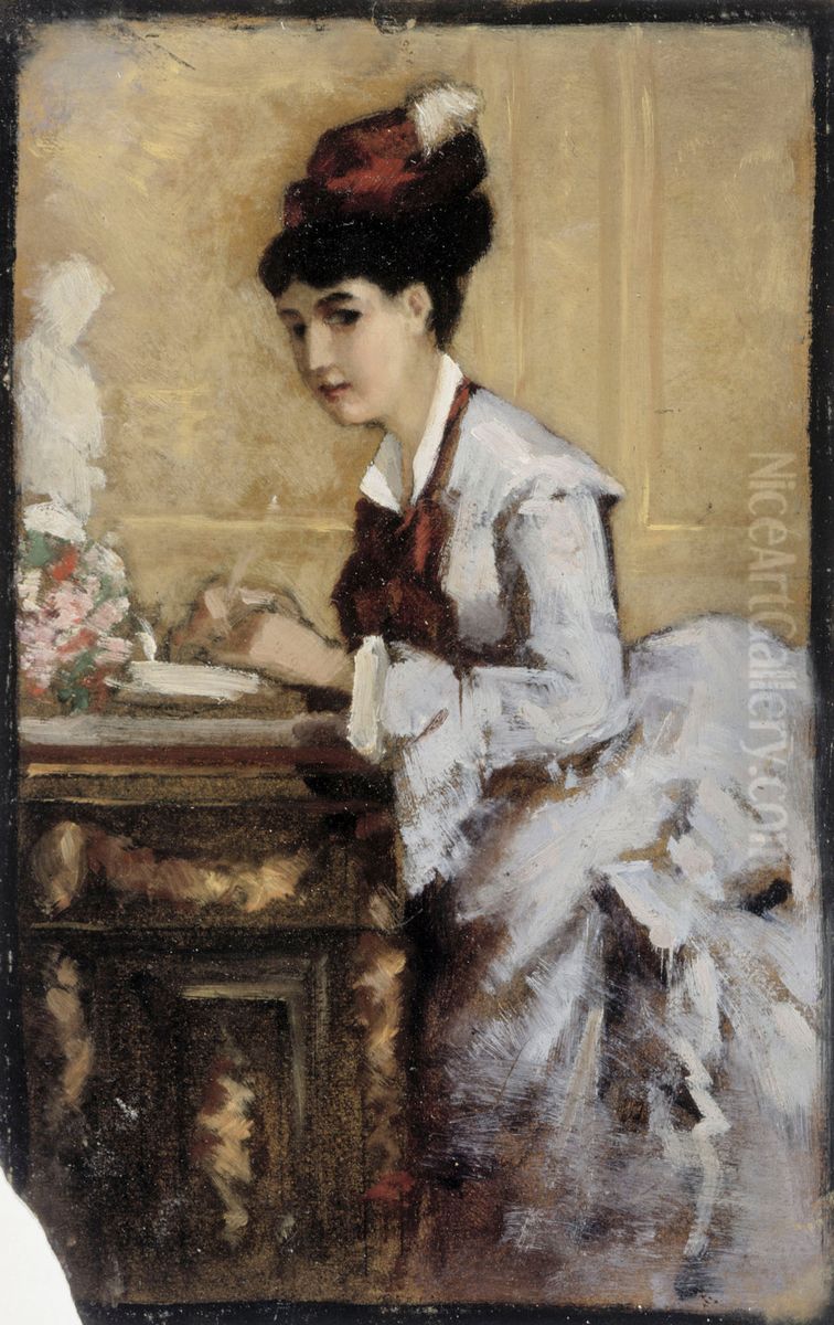 Kirjoittava nainen, sommitteluharjoitelma I maalaukseen Rokokoonainen Oil Painting by Albert Edelfelt