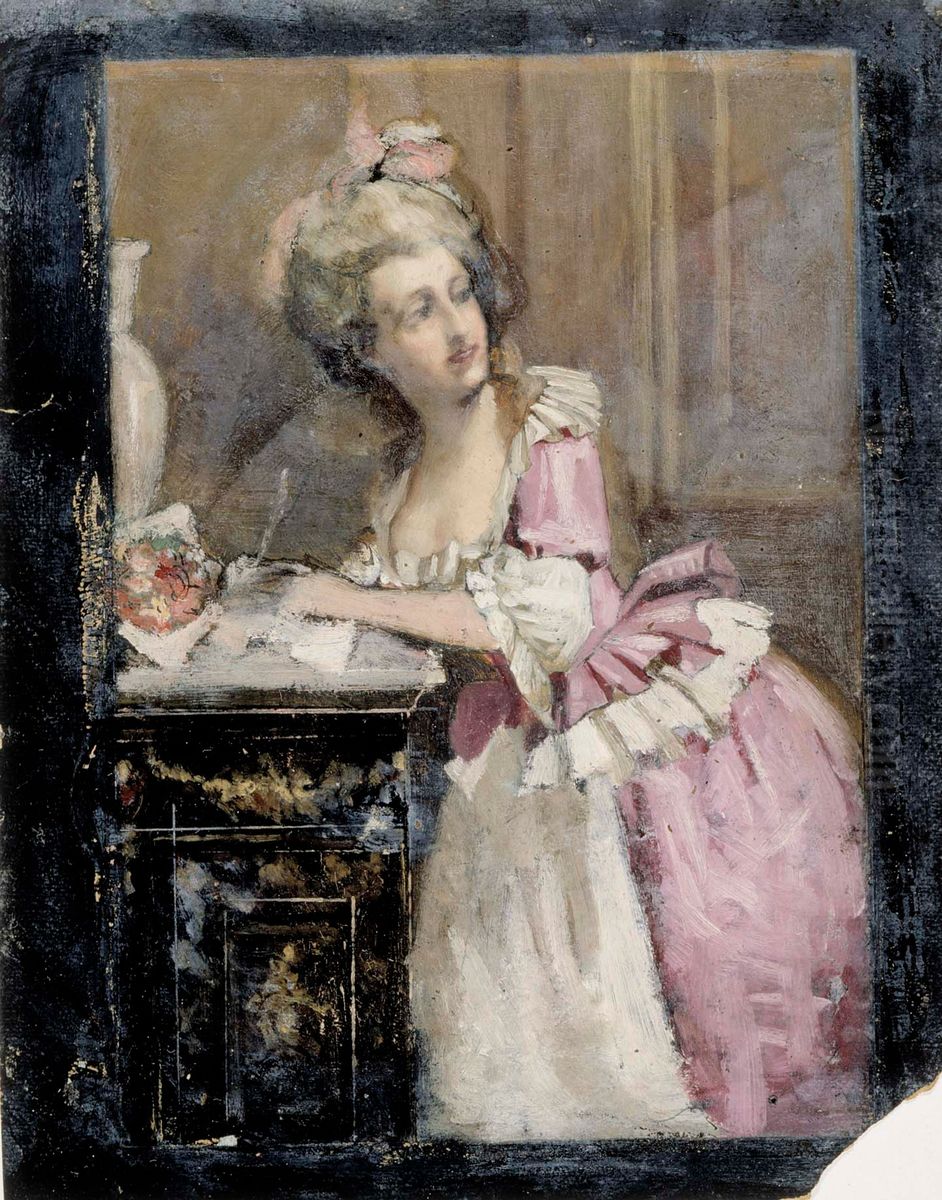 Lady Writing, Study II for the Rococo Lady Oil Painting by Albert Edelfelt