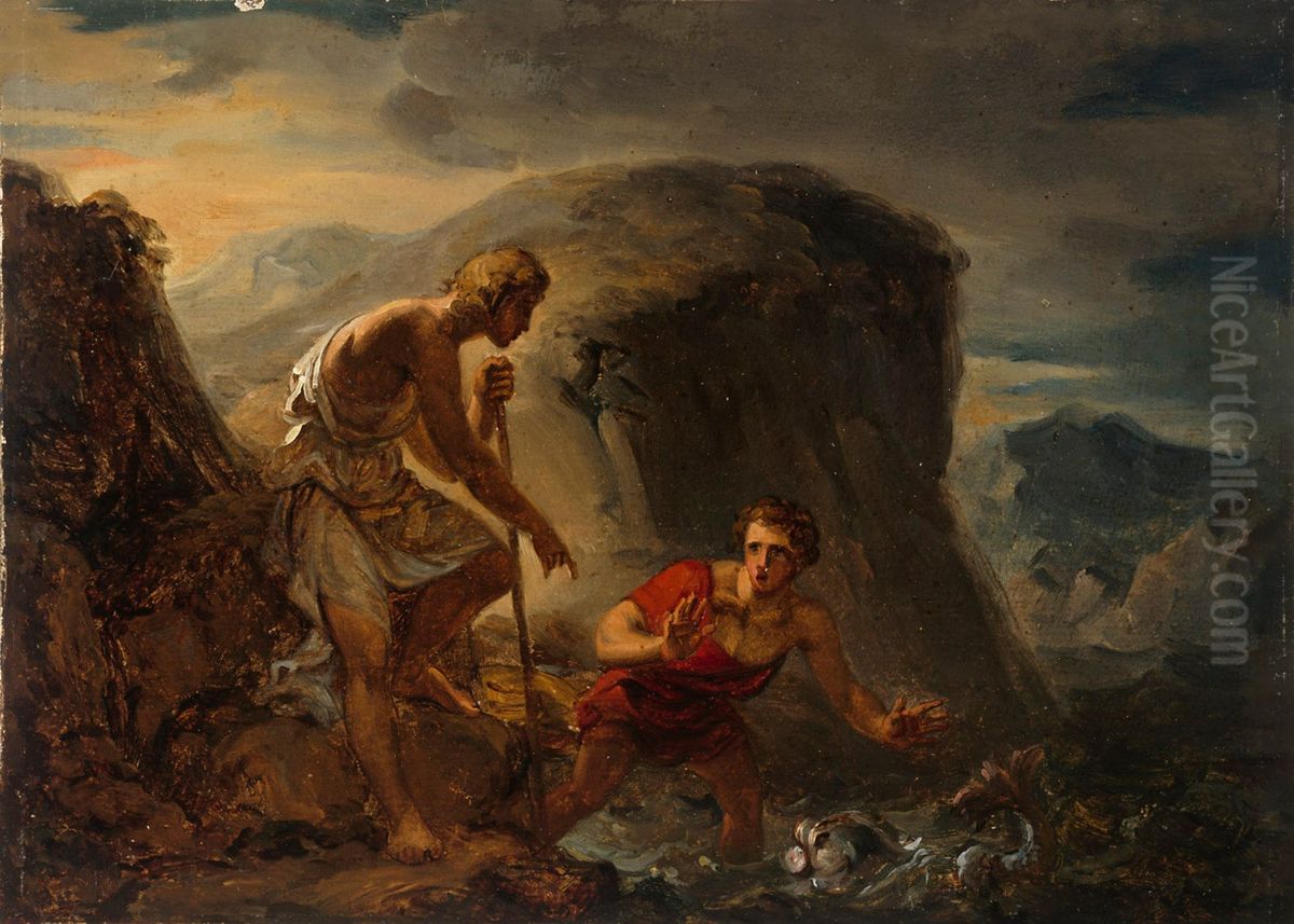 Tobiaan tarina, Tobias ja enkeli pyydystavat kalan Oil Painting by Aleksander Laureus