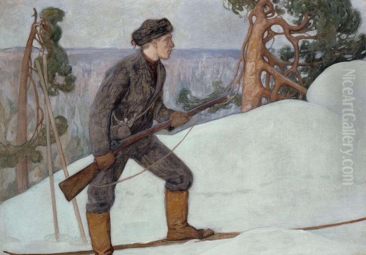 Lojagare pa skidor Oil Painting by Pekka Halonen