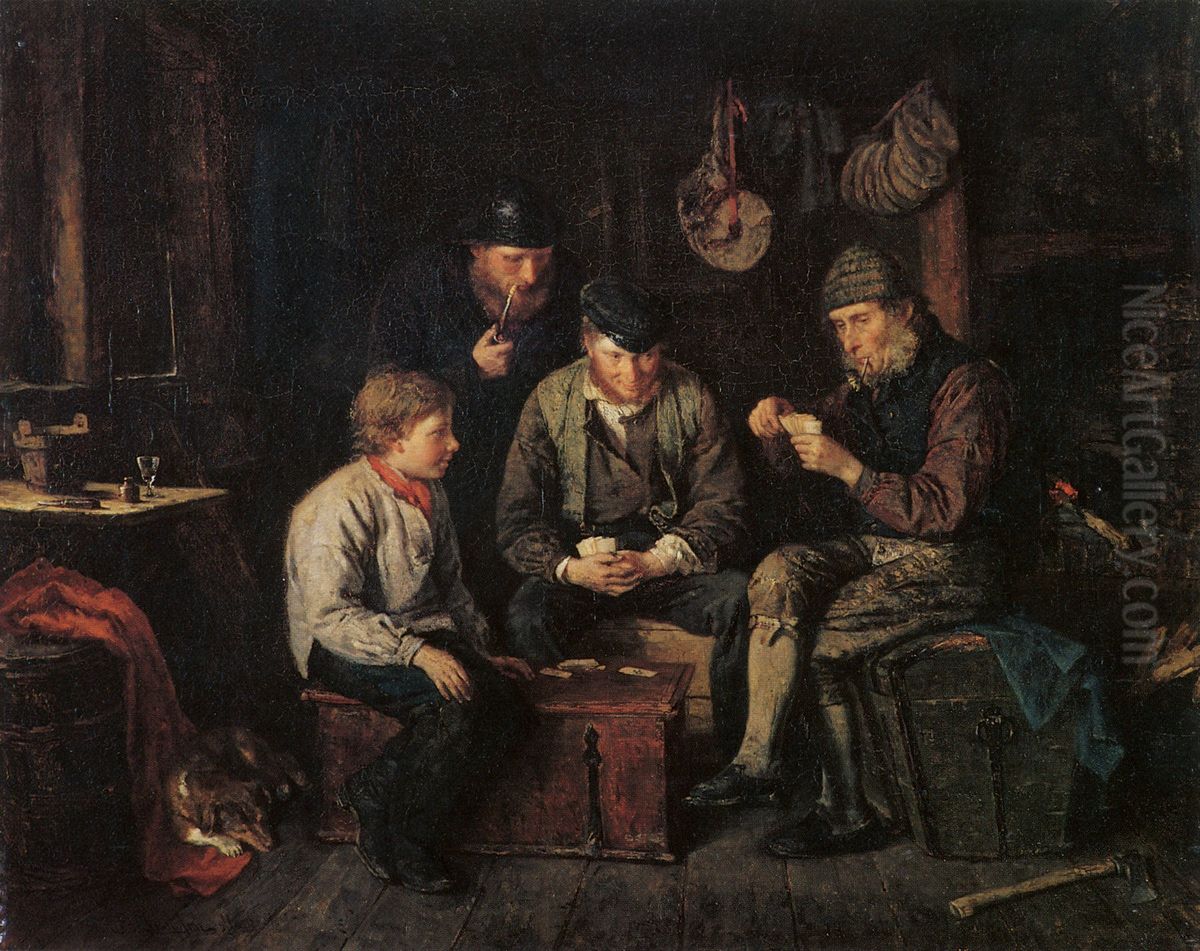 Aland Sailors Playing Cards in a Log Cabin (The Ace of Clubs) Oil Painting by Karl Jansson