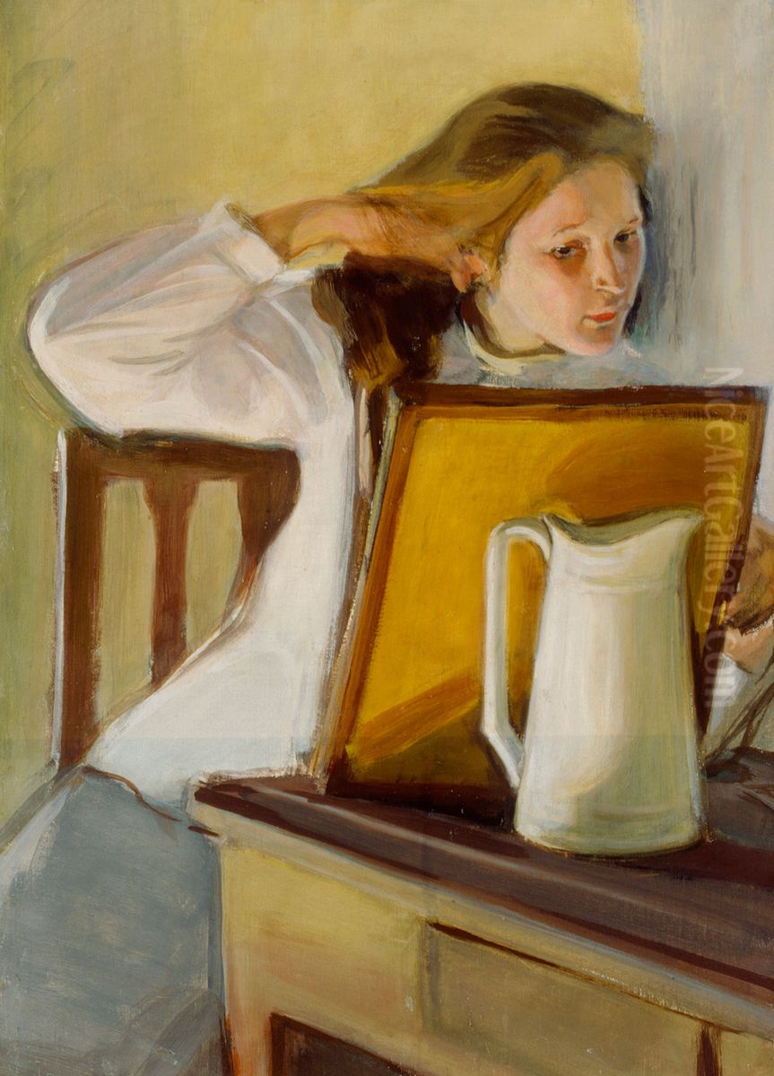 Flicka kammar haret ; Flicka kammande sig framfor spegel Oil Painting by Magnus Enckell