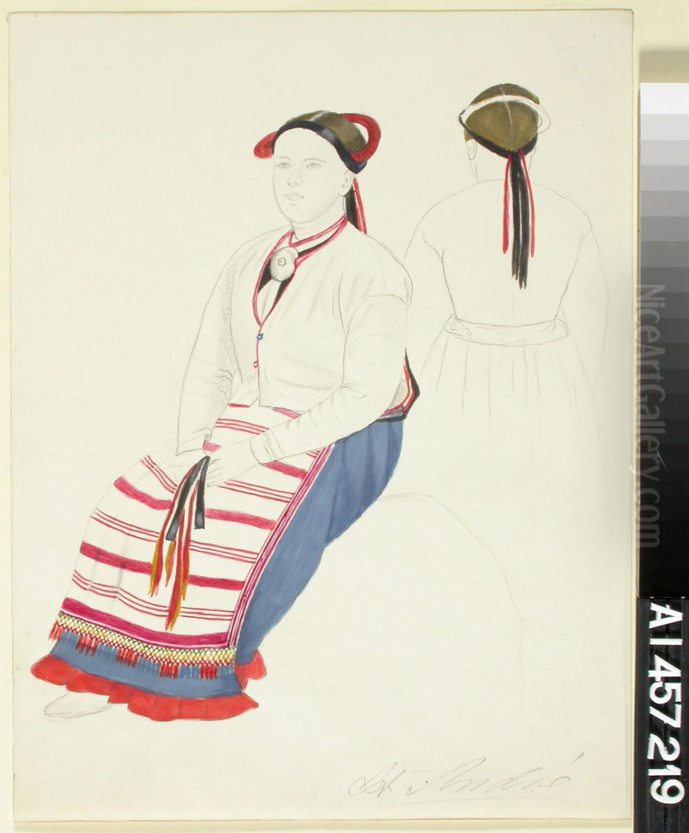 Istuva talonpoikaisnainen St Andresta seka selkaharjoitelma samasta naisesta Oil Painting by Robert Wilhelm Ekman